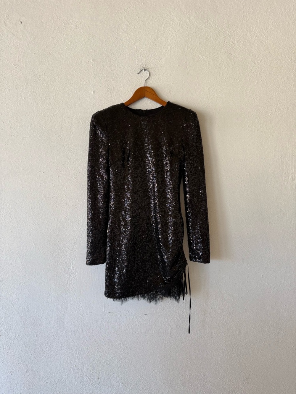 Endless Rose Sequin Mini Dress Black Lace Hem Ruched Side Long Sleeve Size Small
